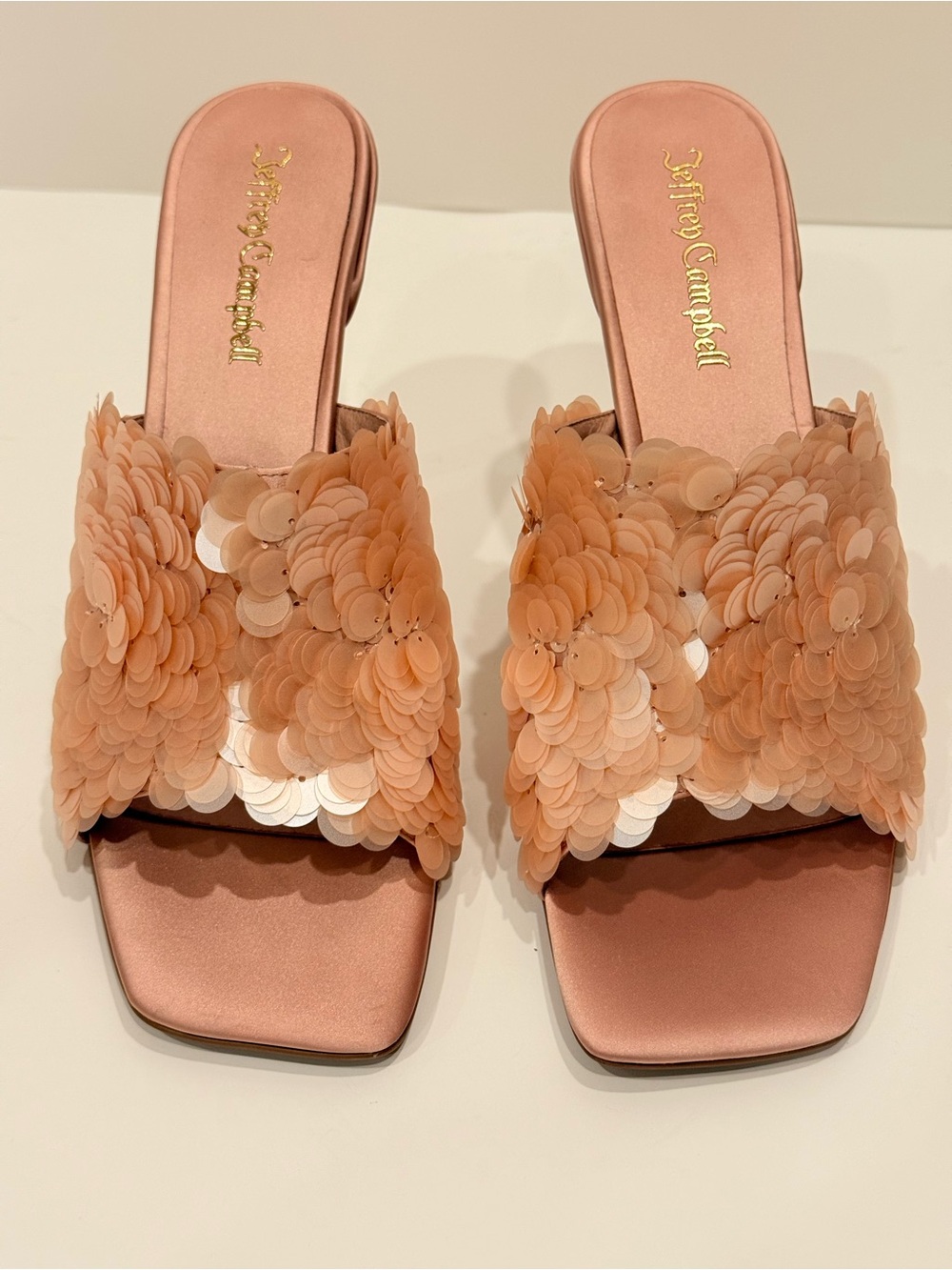 NWOB Jeffrey Campbell Rose Gold Sequin Blush Satin Slide Heels Size 10 Sample - Picture 10 of 14